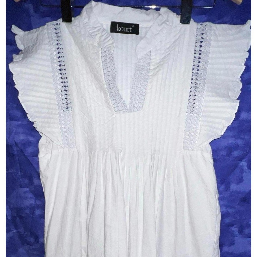 Kourt White Cotton Tiered Mini Dress XS Flutter Sleeve Crochet Lace Pintuck